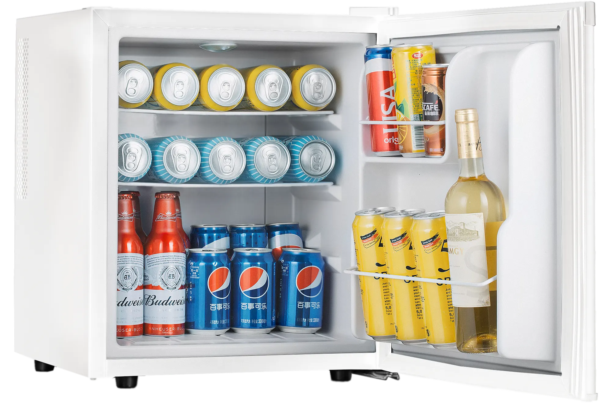 Frigorífico abierto lleno de bebidas