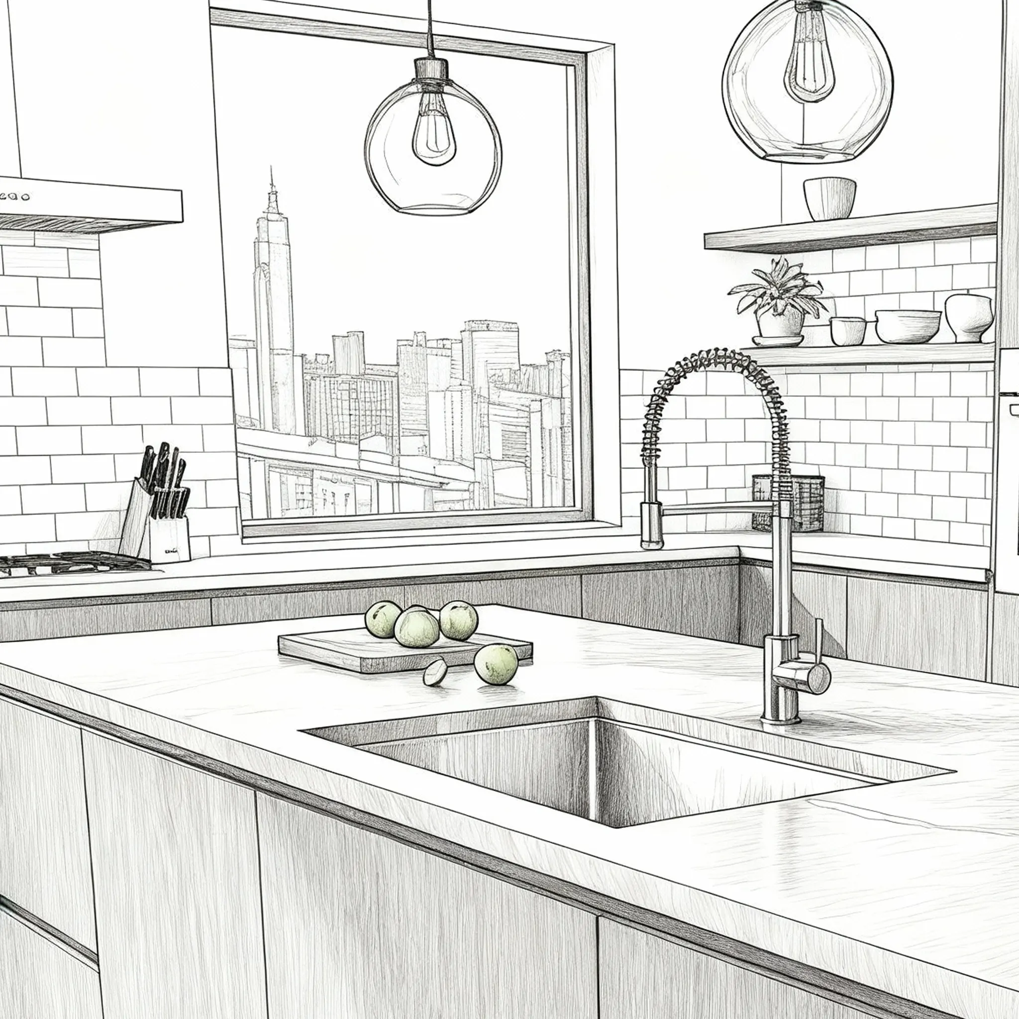 Boceto en blanco y negro del fregadero Disfrutar50.40 en una cocina
