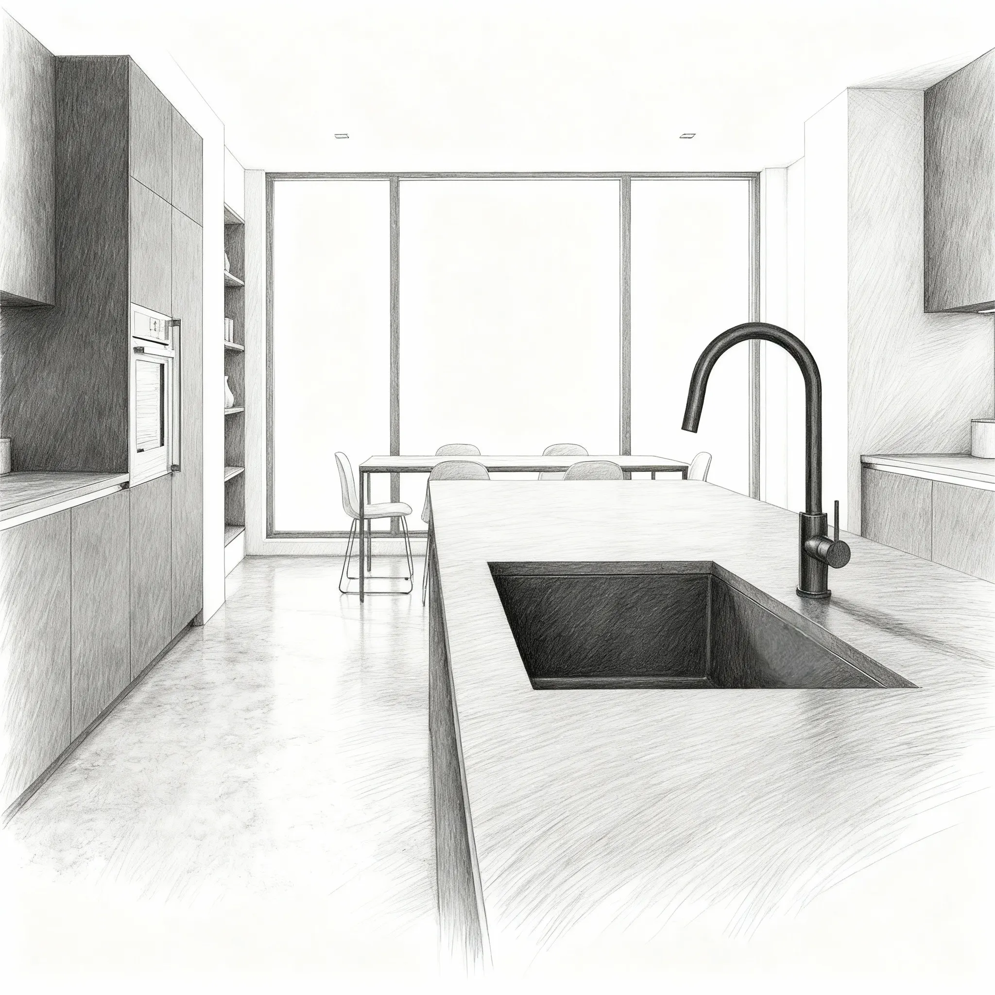 Boceto en blanco y negro del fregadero Disfrutar40.40QZ en una cocina