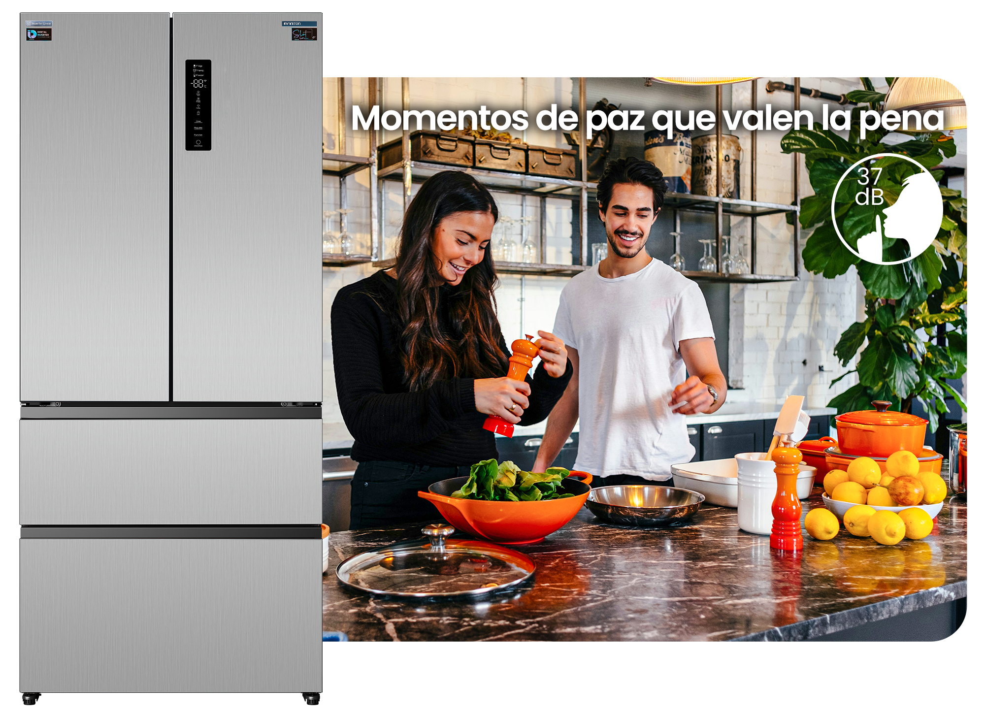 Pareja cocinando feliz debido a que el FRD-580Q90XEN tiene Compresor Silent Design