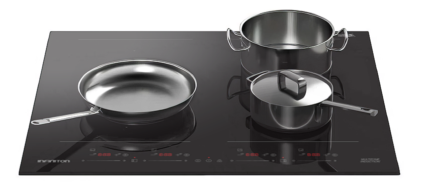Placa de inducción multizona con ollas y una sarten encima