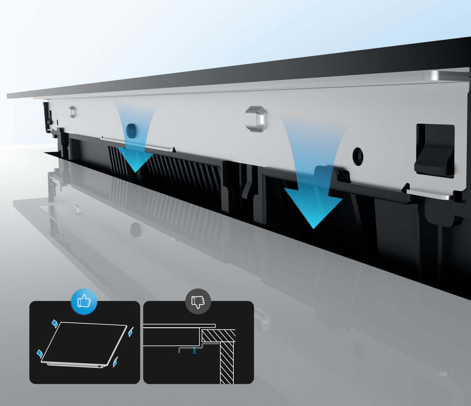 Indicaciones de como instalar el modelo INDF8BK74G38, usando únicamente los 4 soportes incluidos