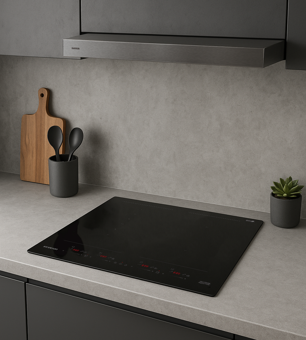 Placa de inducción INDF8BK74G38 integrada en una cocina moderna