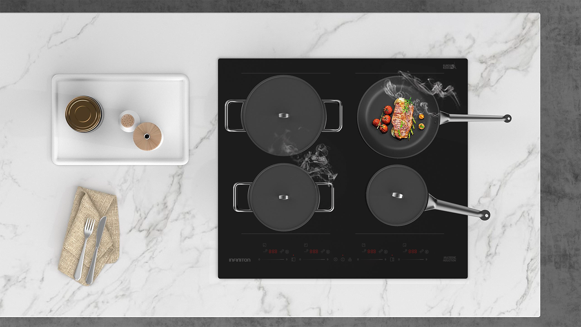 Placa de inducción multizona encendida cocinando