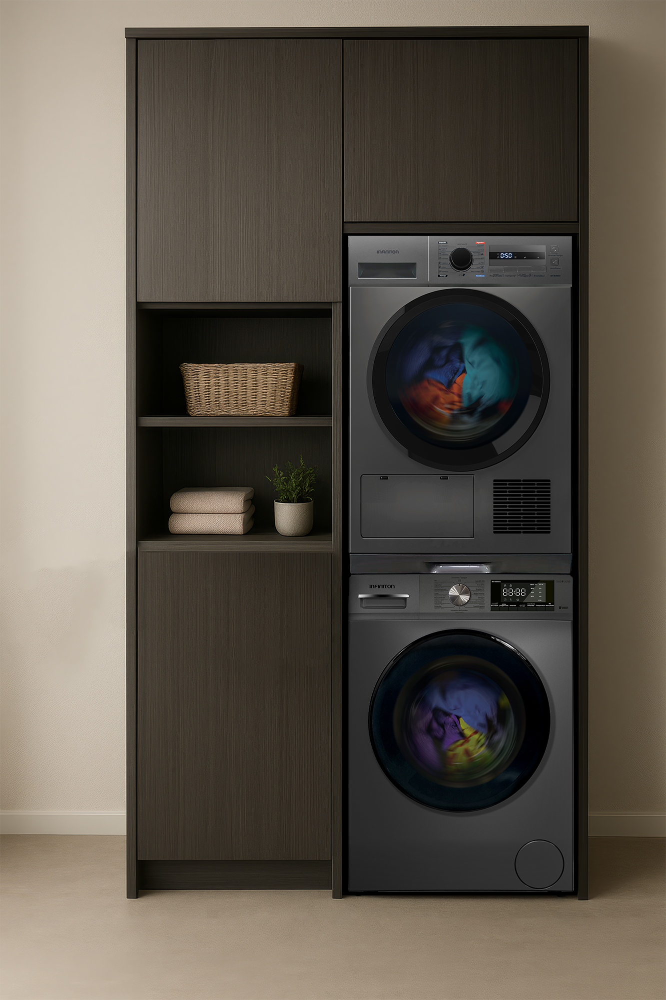 Montaje del kit de unión lavadora más secadora dark inox Infiniton