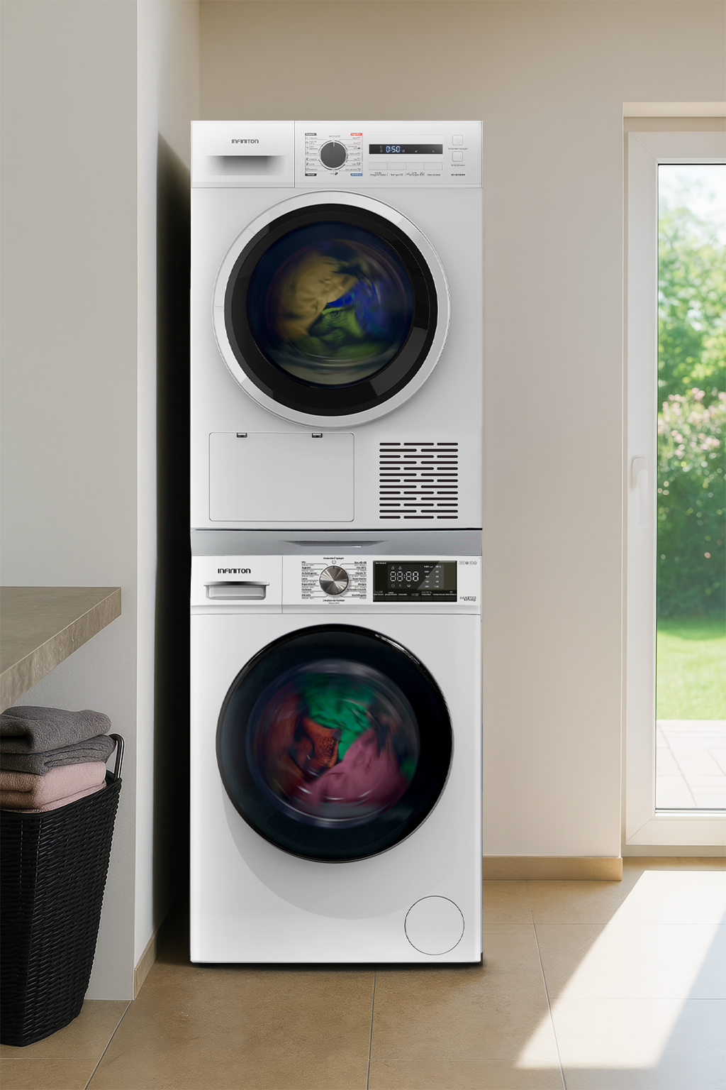 Montaje del kit de unión lavadora más secadora blanca Infiniton