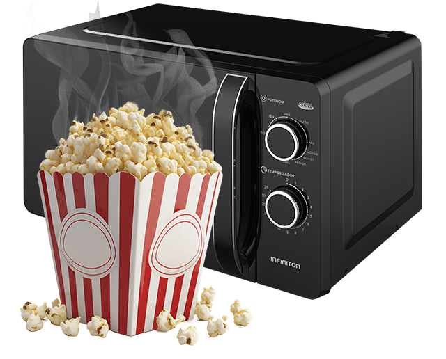 Microondas de fondo, con un paquete de palomitas delante