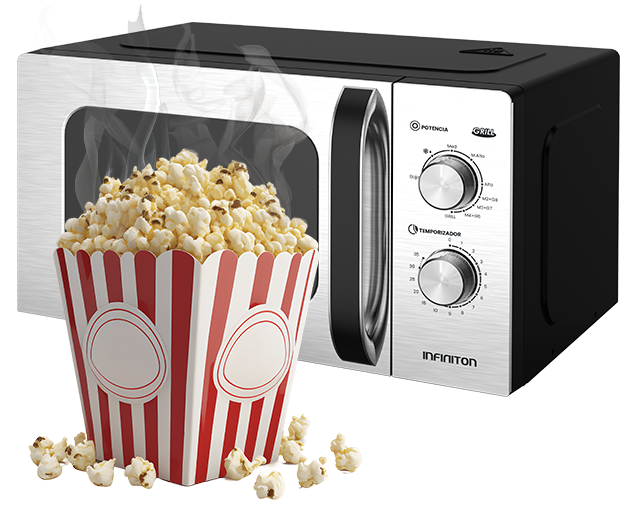 Microondas de fondo, con un paquete de palomitas delante