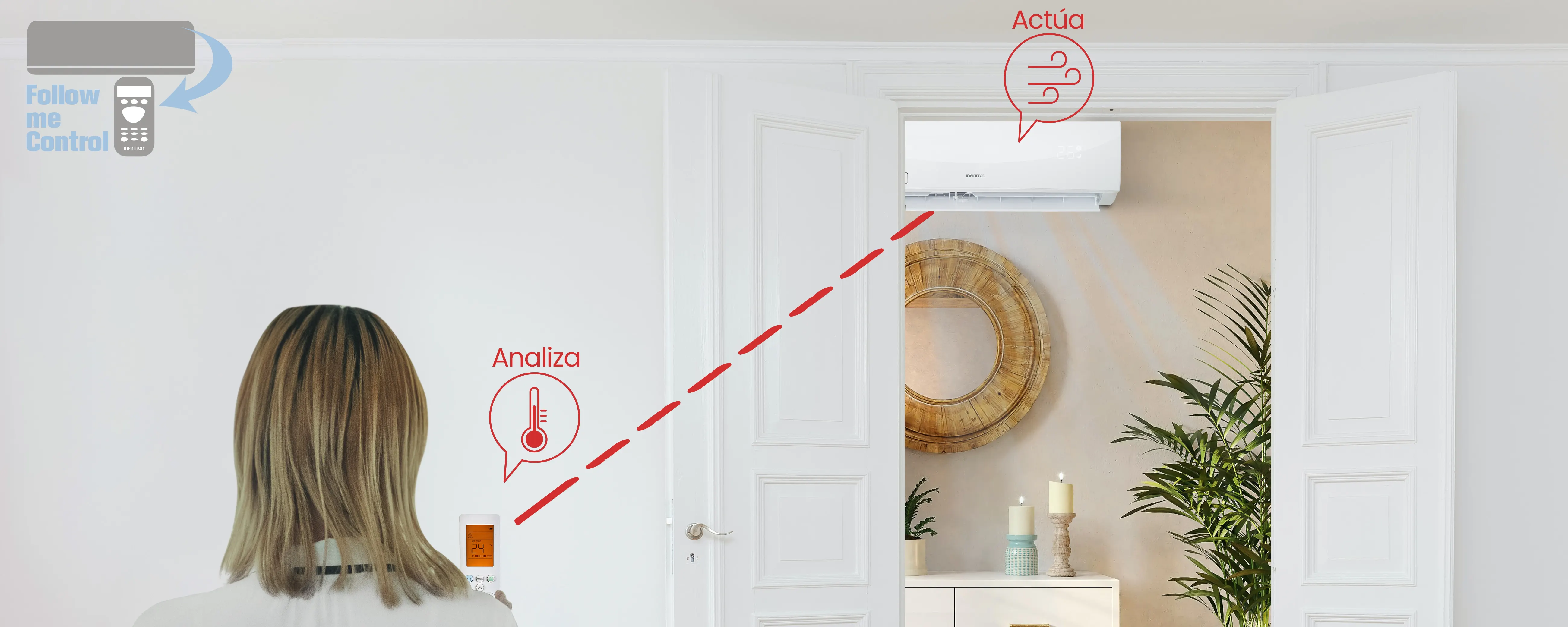 Chica cambiando la temperatura del aire con el mando
