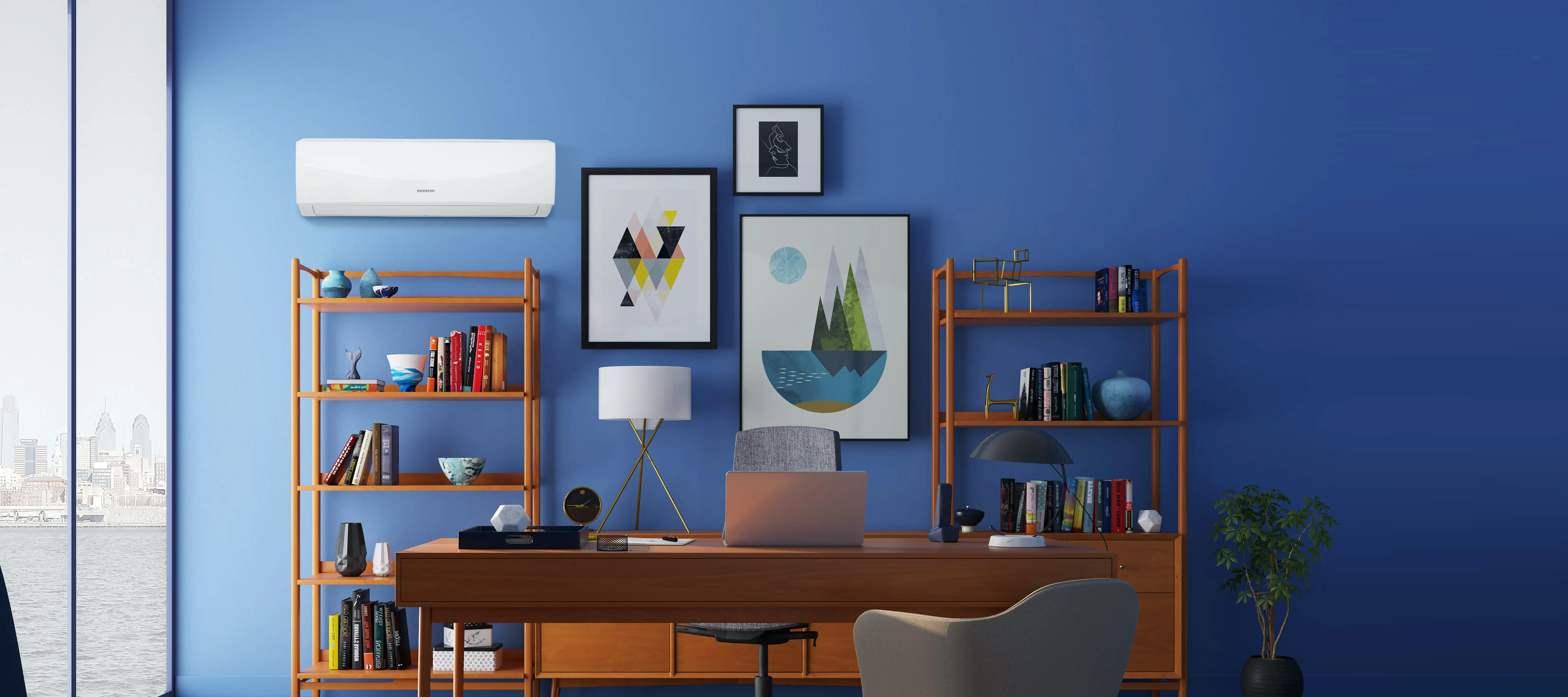 Despacho de color azul con aire acondicionado y muchos cuadros