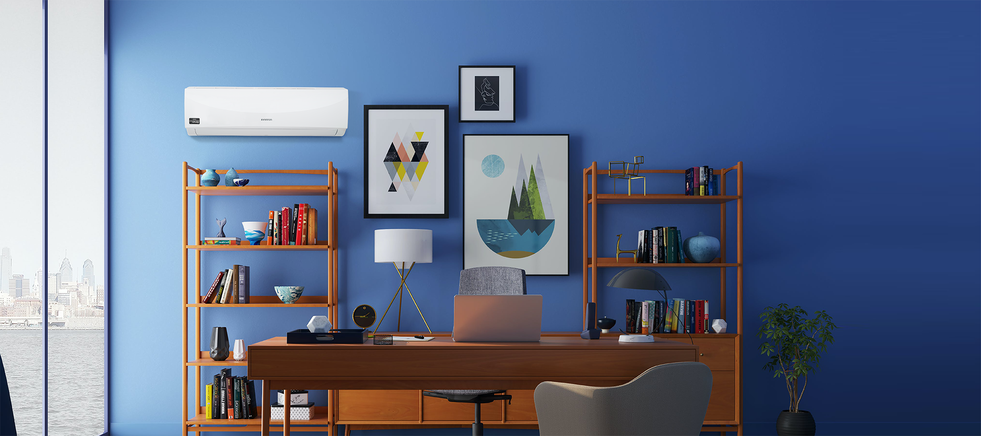 Despacho de color azul con aire acondicionado y muchos cuadros