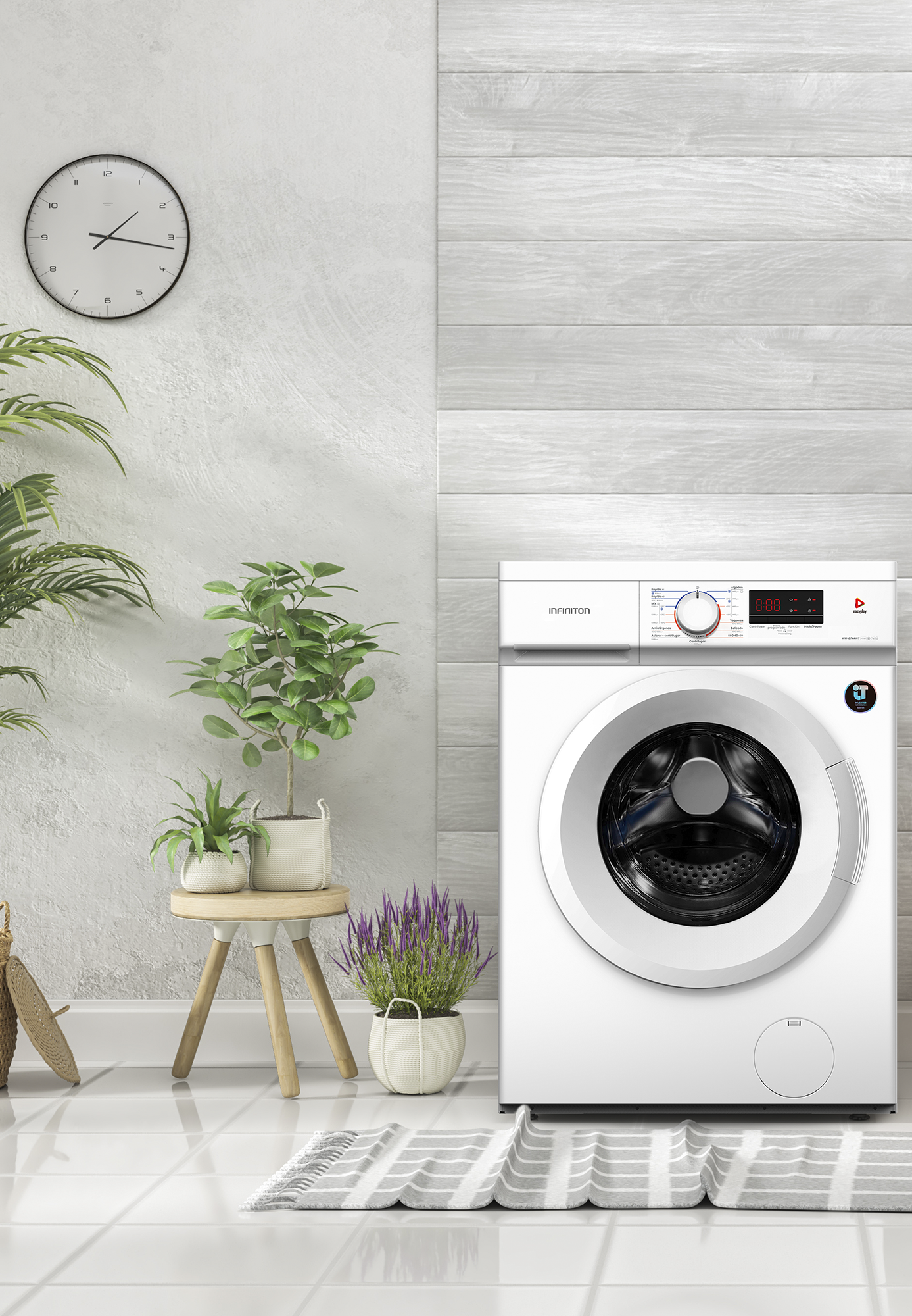 Una lavadora con plantas al lado