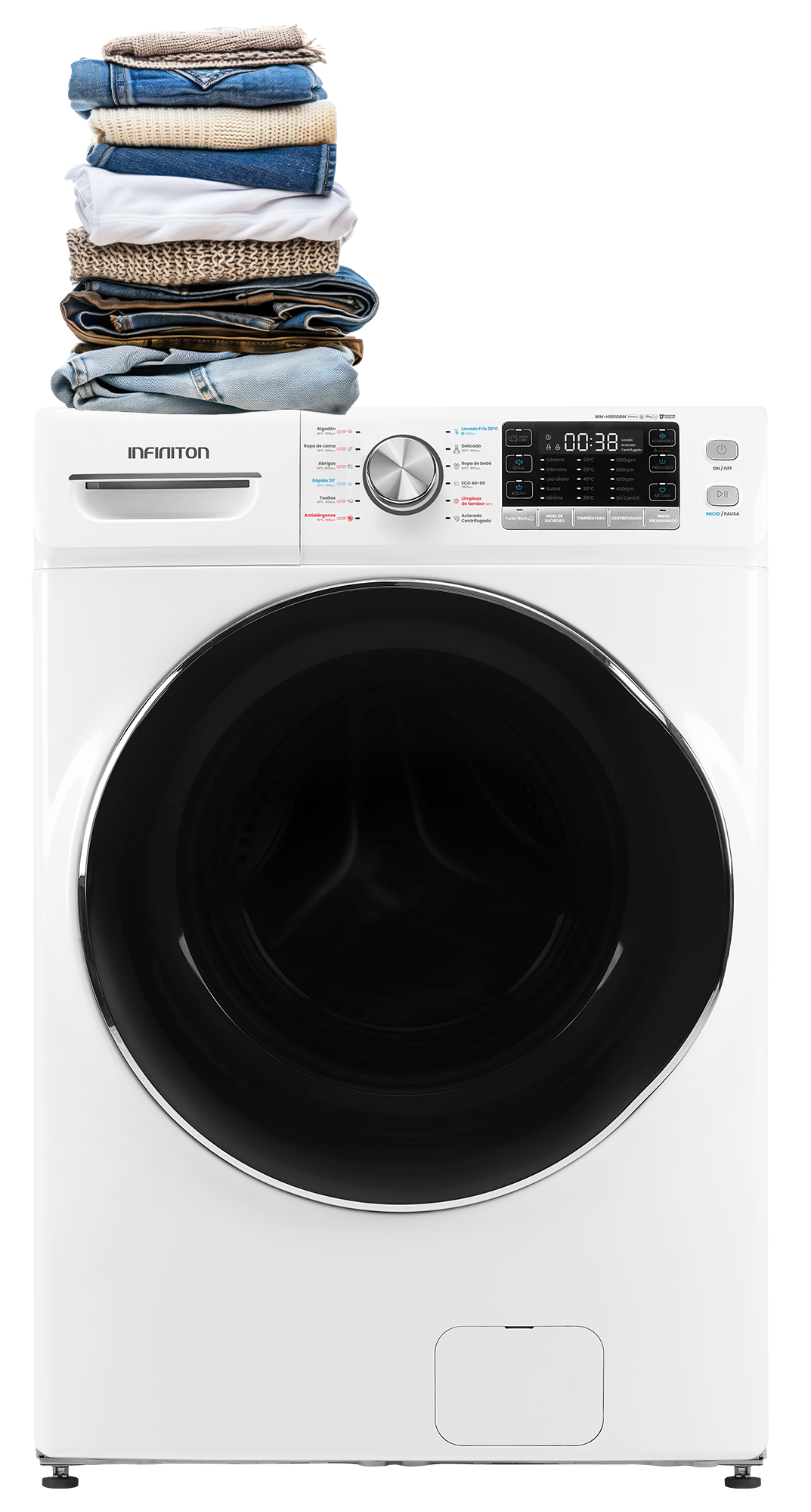 Lavadora WM-H180DBM con ropa doblada encima