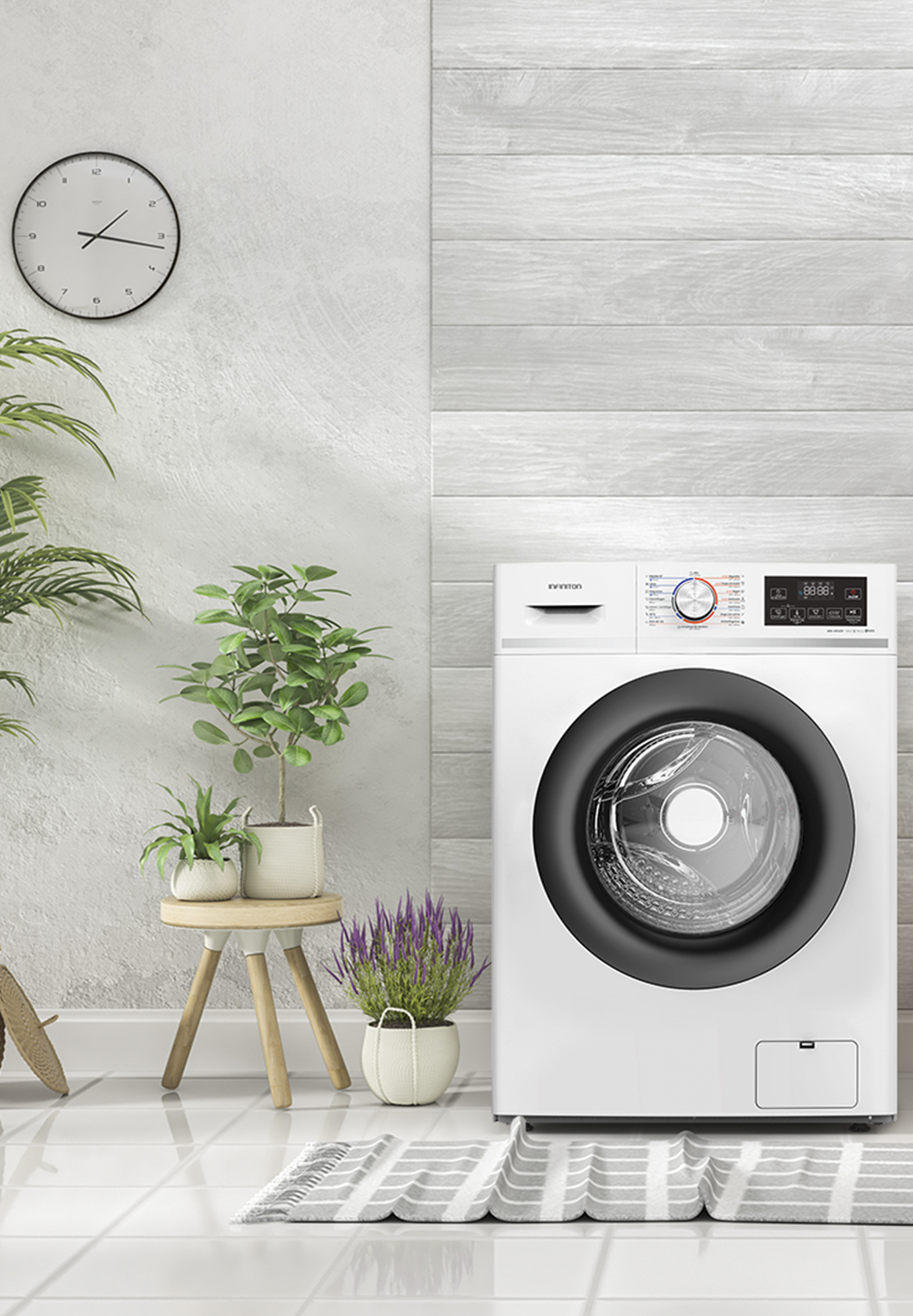 Una lavadora con plantas al lado