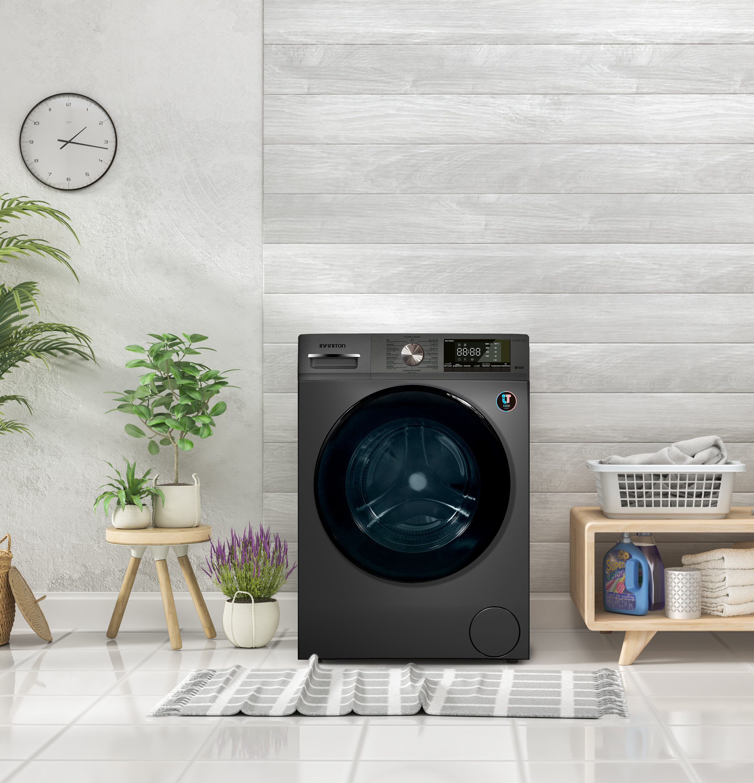 Una lavadora con plantas al lado