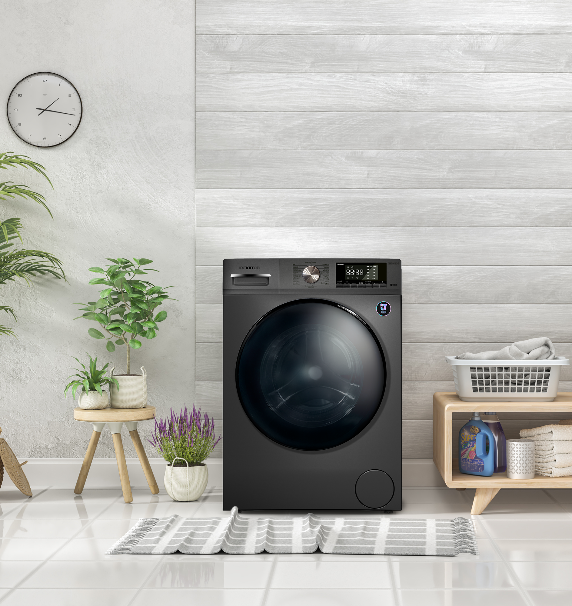 Una lavadora con plantas al lado