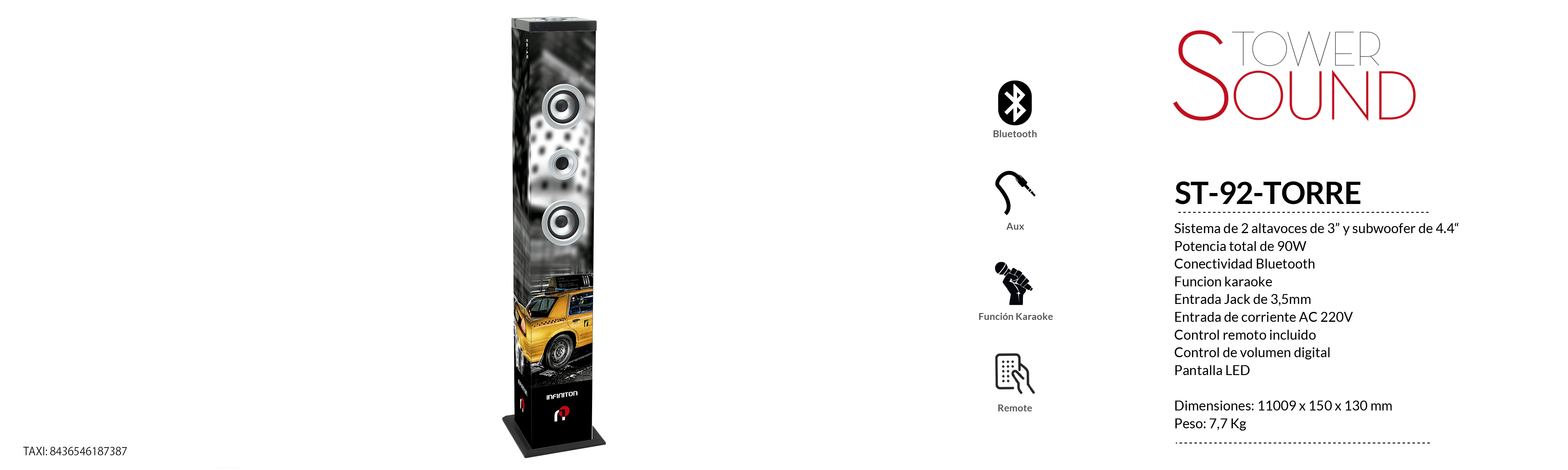 Altavoz Torre Karaoke INFINITON ST-K20 - Dark Grey, 20W, Bluetooth