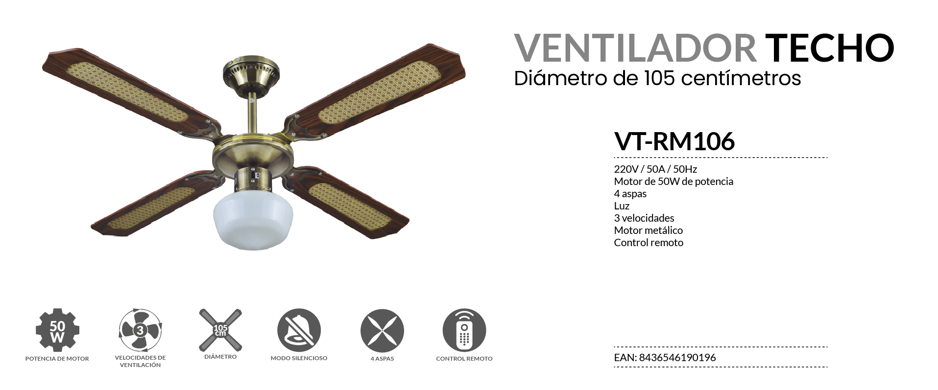 42 3 velocidades Luz Control Remoto 50W Blanco IN Ventilador Techo INFINITON VT/RB108 106cm 