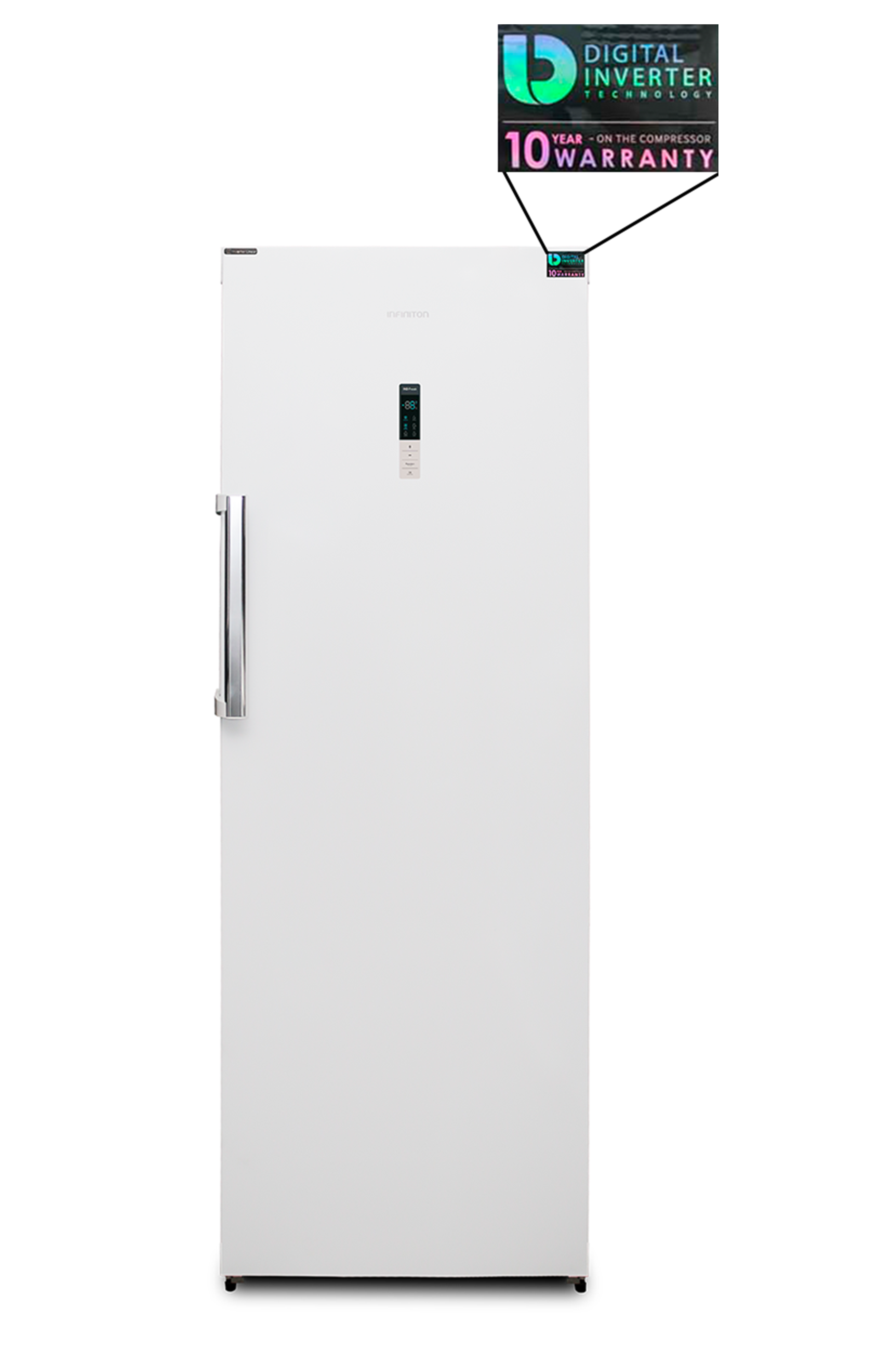Congelador vertical No Frost con capacidad de 380 L en acabado color blanco  Infiniton